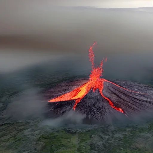 Image similar to A photorealistic aerial view of an active volcano, with lava flowing down its sides and billowing clouds of smoke and ash rising into the sky, rendered in unreal engine, trending on artstation, 8k resolution, 4k video, shot on a drone, drone footage, heavily detailed, bloom effect, rendered in octane, professional grade, professional photo.