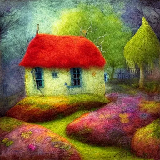 Image similar to small wooden house in the middle of spring forest, bright colours, watercolor, volumetric wool felting, macro photography, children illustration, by michael hutter