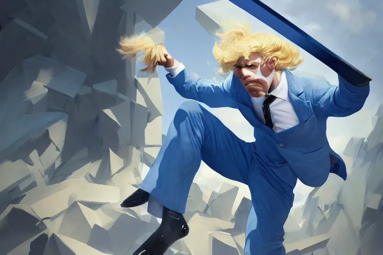 Image similar to a blond man in a blue suit hit by flying thrown swords, organic painting, sunny day, matte painting, bold shapes, hard edges, street art, trending on artstation, by huang guangjian, gil elvgren, ruan jia, randy vargas, greg rutkowski