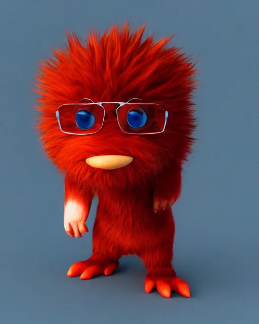 Prompt: 3 d render of completely red hairy friendly antropomorphic cartoony creature wearing chrome shades, without nose, full body, simple, cute, white background, unreal engine 5 hdr