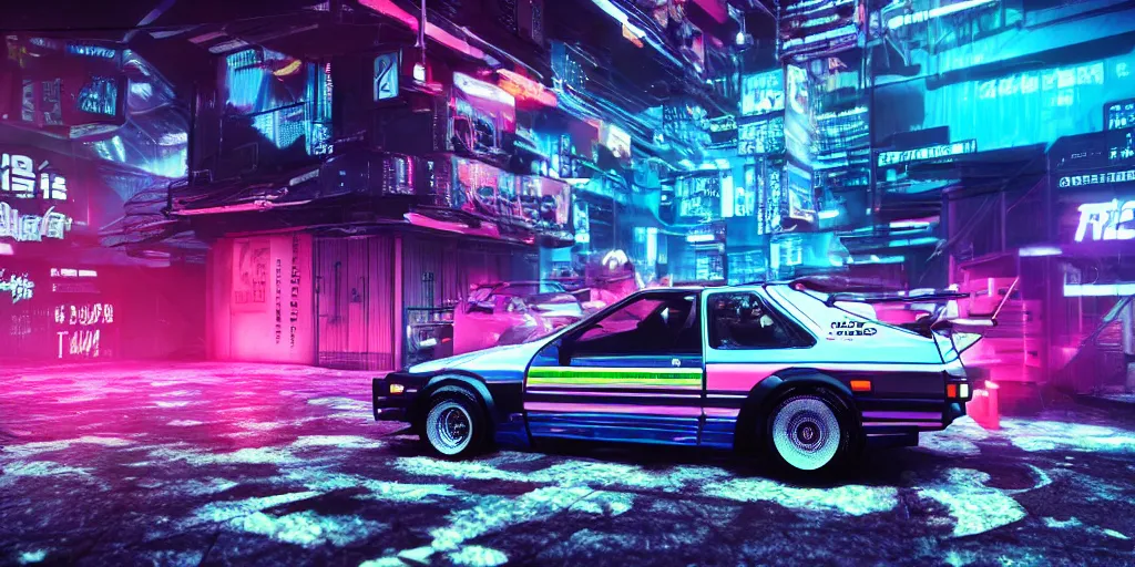 Image similar to toyota ae 8 4 sprinter trueno parked in a cyber punk alley, retrowave, synth colors, photo realistic, 8 k, rain, raytracing, reflections, neon colors,