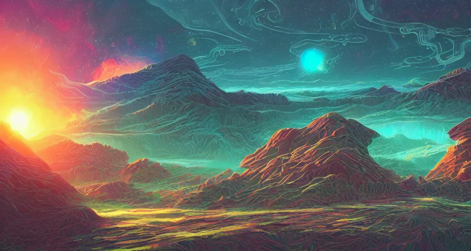 Prompt: a scifi landscape,painting by Dan Mumford,by Tokio Aoyama,trending on artstation,intricate,2d,4k,pastel colors