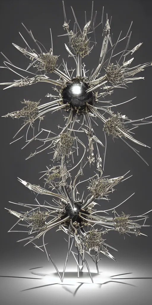 Prompt: 3 d photographic render of asymmetric metallic flower sculpture with thorns, bioluminescent chrometype, made of liquid metal, neotribal with thorns and thunders, cyberpunk, raytracing, hyper realistic, volumetric lightning, 8 k, by zhelong xu and ouchh studio