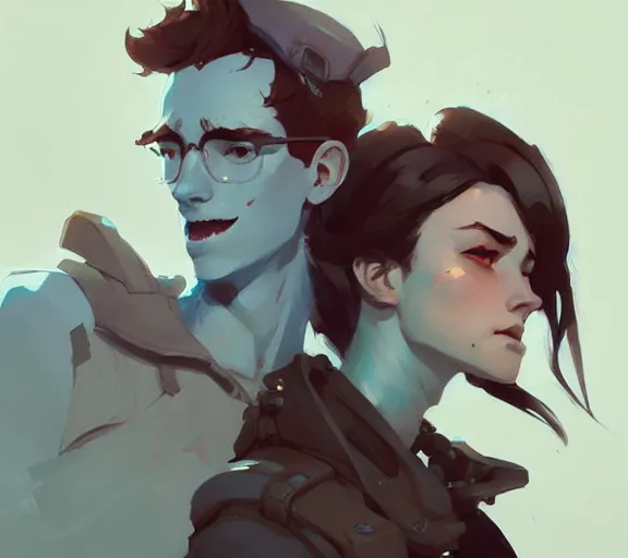 Image similar to portrait jayce and viktor by atey ghailan, by greg rutkowski, by greg tocchini, by james gilleard, by joe fenton, by kaethe butcher, by ashley wood, dynamic lighting, gradient light blue, brown, blonde cream and white color scheme, grunge aesthetic