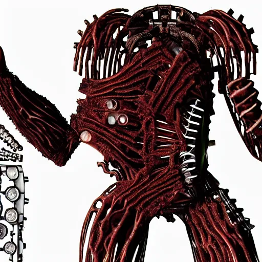 Image similar to a mechanical and human hybrid, size of a box, fleshy computer clump, clumps of hair, teeth, led, lights, blood, doom monster,