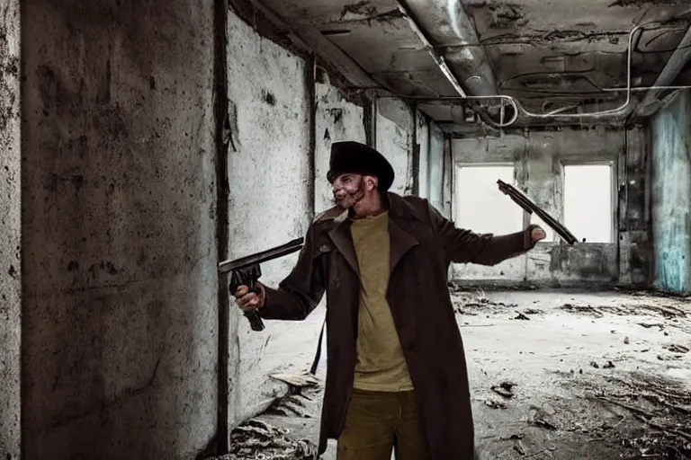 Image similar to a man wearing a trenchcoat and firing with a shotgun in an abandoned industrial complex, intricate details, cinematic, wide angle