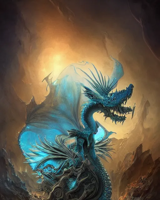 Image similar to a beautiful detailed 3d matte painting of female blue dragon of the dead, by ellen jewett, by tomasz alen kopera, Frank Frizzera, ominous, magical realism, Magic the gathering playing card, texture, intricate, ornate, royally decorated, whirling smoke, embers, radiant colors, fantasy, trending on artstation, volumetric lighting, micro details, 3d model , ray tracing, 8k