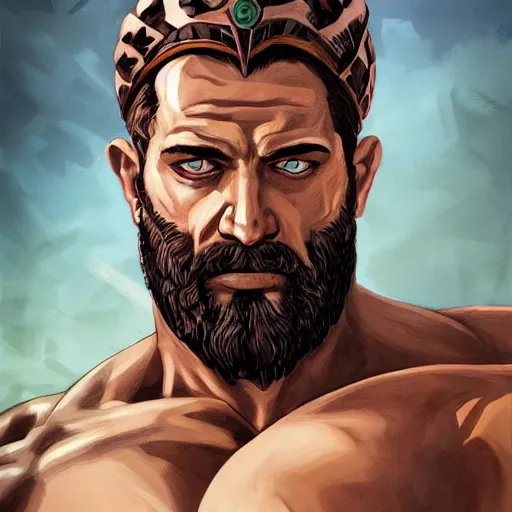 Image similar to handsome portrait of spartan - leonidas bodybuilder posing, intricate details, trending on artstation, sharp focus, caustics, radiant light, 4 k, style of vento aureo cover art, style of stone ocean cover art, style of steel ball run cover art, ilya kuvishinov style, illustrated by hirohhiko araki