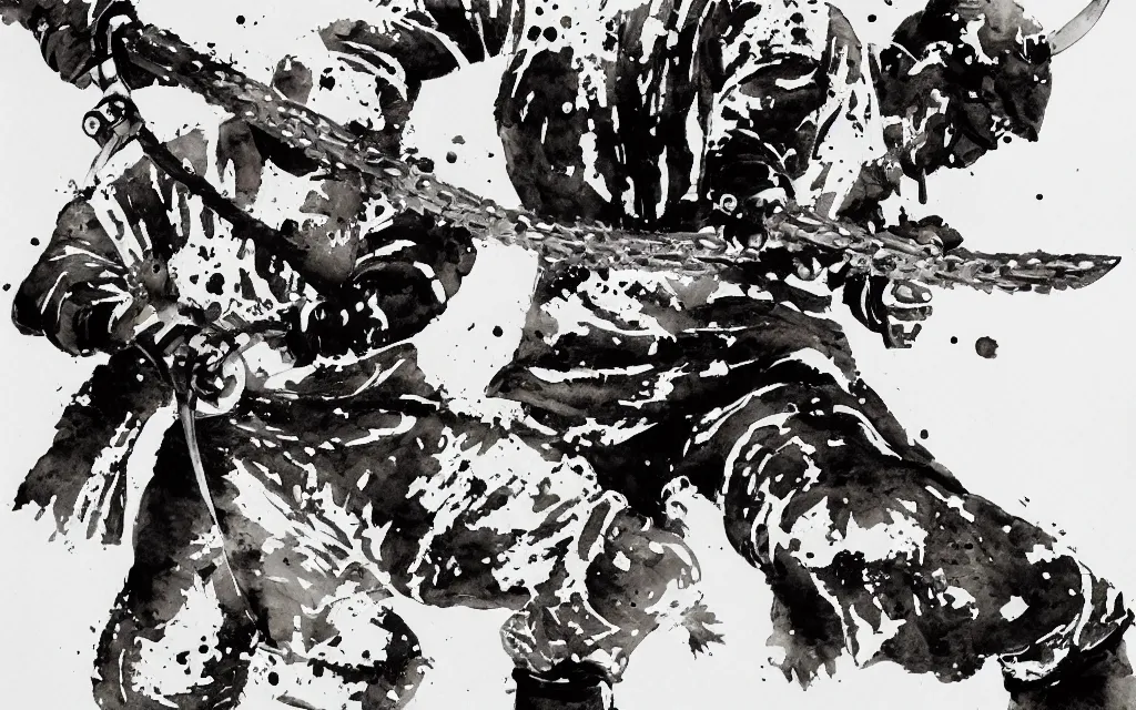 Image similar to samurai wielding a chainsaw, black and white watercolor