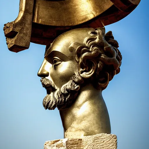 Image similar to tiny greek goddess in steel helmet standing on a giant greek bearded male head, greek temple of olympus glory island, late afternoon light, wispy clouds in a blue sky, by frank lloyd wright and greg rutkowski and ruan jia