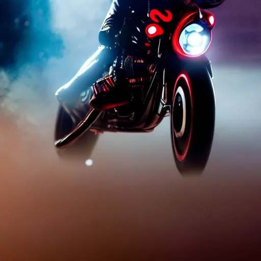 Prompt: Lady Gaga as real-life Harley Quinn riding a motorcycle, cinematic, Low angle, atmospheric fog and lighting, directed by Michael Bay, high detail, 8K, movie still, trending on artstation