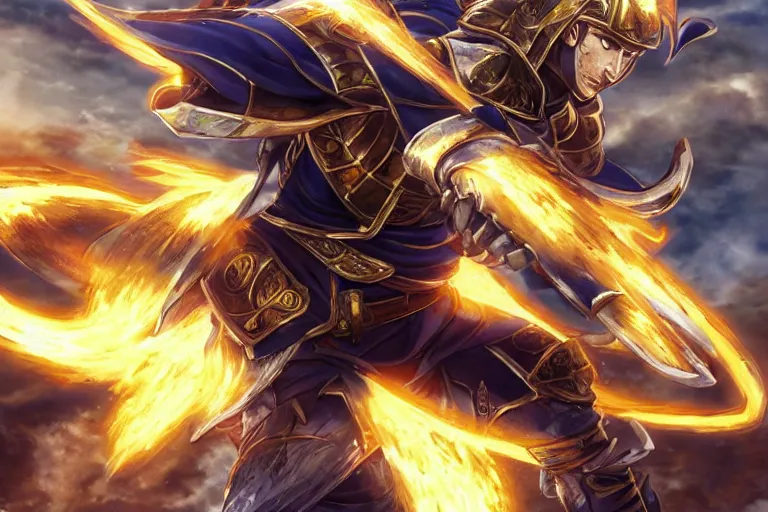 Prompt: an ultra detailed portrait of saladin as a shonen anime protagonist charging into battle wearing bright gold armor and huge flaming longsword blessed by god, epic anime fantasy, 8 k, volumetric lighting, smooth, highly detailed, digital illustration, art by kentaro miura and akira toriyama and artgerm