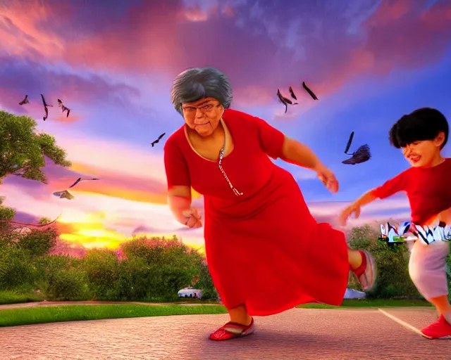 Image similar to Hispanic Granny In A Red MuMu Throwing A Slide Sandal At A Bunch Of Kids Running Away From Her, Detailed, Anime Style, Manga Style, 8K, HDR, San Antonio Texas Cityscape Sunset, HDR, volumetric lighting, Birds Eye View, Hyperrealistic-H 960