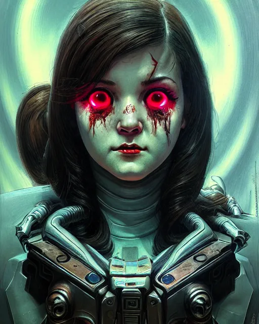 Image similar to d. va from overwatch, character portrait, portrait, close up, concept art, intricate details, highly detailed, horror poster, horror, vintage horror art, in the style of michael whelan, and gustave dore