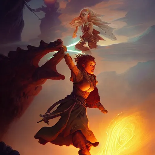 Image similar to a female fantasy halfling hobbit fistfighter, speaking to her glowing goddess of mist and light, flowing robes and leather armor, detailed dynamic light painting by peter mohrbacher and albrecht anker