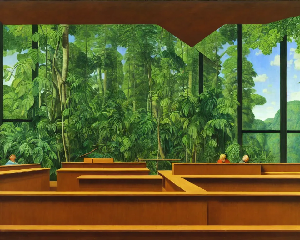 Prompt: a modernist courtroom in the rainforest by raphael, hopper, and rene magritte. detailed, proportional, romantic, vibrant, enchanting, achingly beautiful, graphic print, trending on artstation, jungle, tropical, foliage