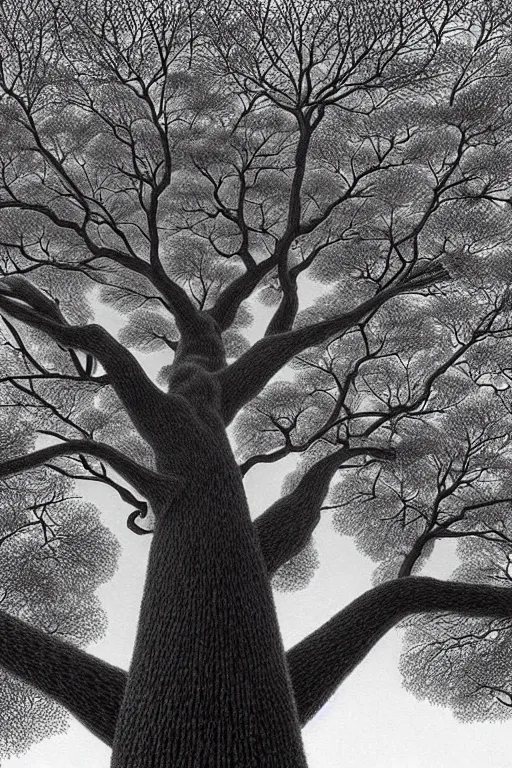 Image similar to a tree with a pompom shaped canopy viewed from a low angle, digital illustration by chris van allsburg and artgerm, intricate details, surreal, photorealistic, award winning