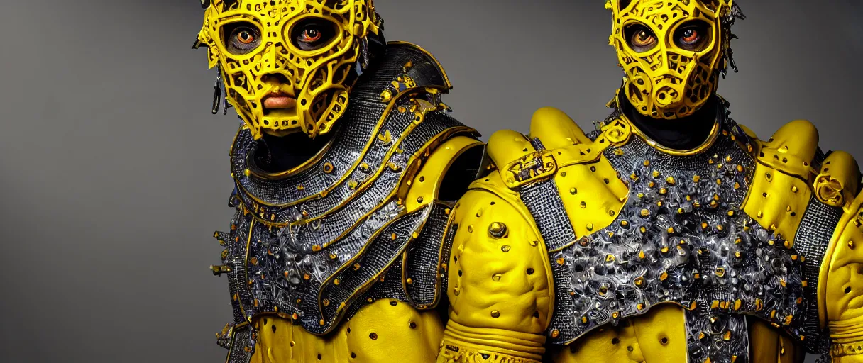 Image similar to hyperrealist highly detailed english medieval portrait of high fashion monster wearing car part yellow cab armor, radiating atomic neon corals, concept art pascal blanche dramatic studio lighting 8k wide angle shallow depth of field