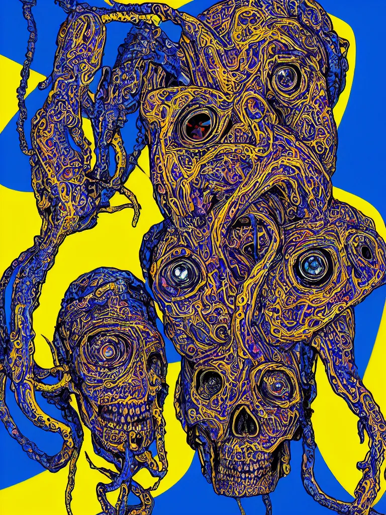 Image similar to a self portrait by the artist kelbv, in distinct hyper detailed style with tubes coming from eyes, and hollowed skull filled with blue and yellow paisley ellipsoids, perfect studio lighting against a backdrop of a still from the movie squid asthma.