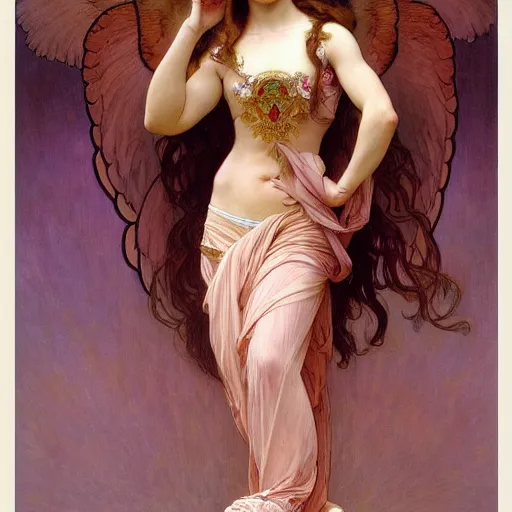 Image similar to painting of a beautifully angel with long flowing pink hair, intricate, elegant, hyperdetailed, by alphonse mucha and william - adolphe bouguereau and john william waterhouse, trending on artstation