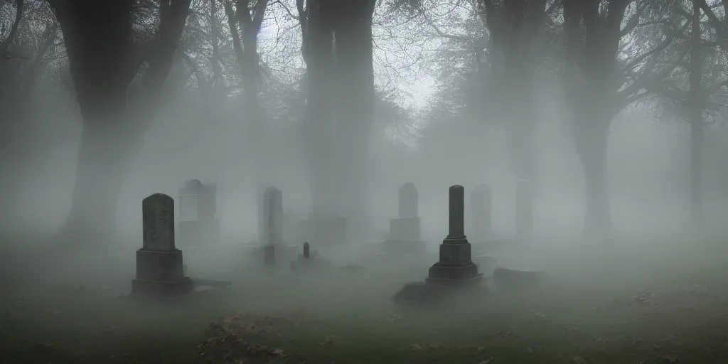 Prompt: creepy weeping transparent female ghostly apparition at a gravestone, horror, Highgate cemetery, tombs, , blanket of fog, rain, volumetric lighting, beautiful, golden hour, sharp focus, ultra detailed, cgsociety