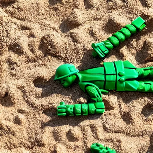 Prompt: toy army men, melting in a sandbox on a summers day