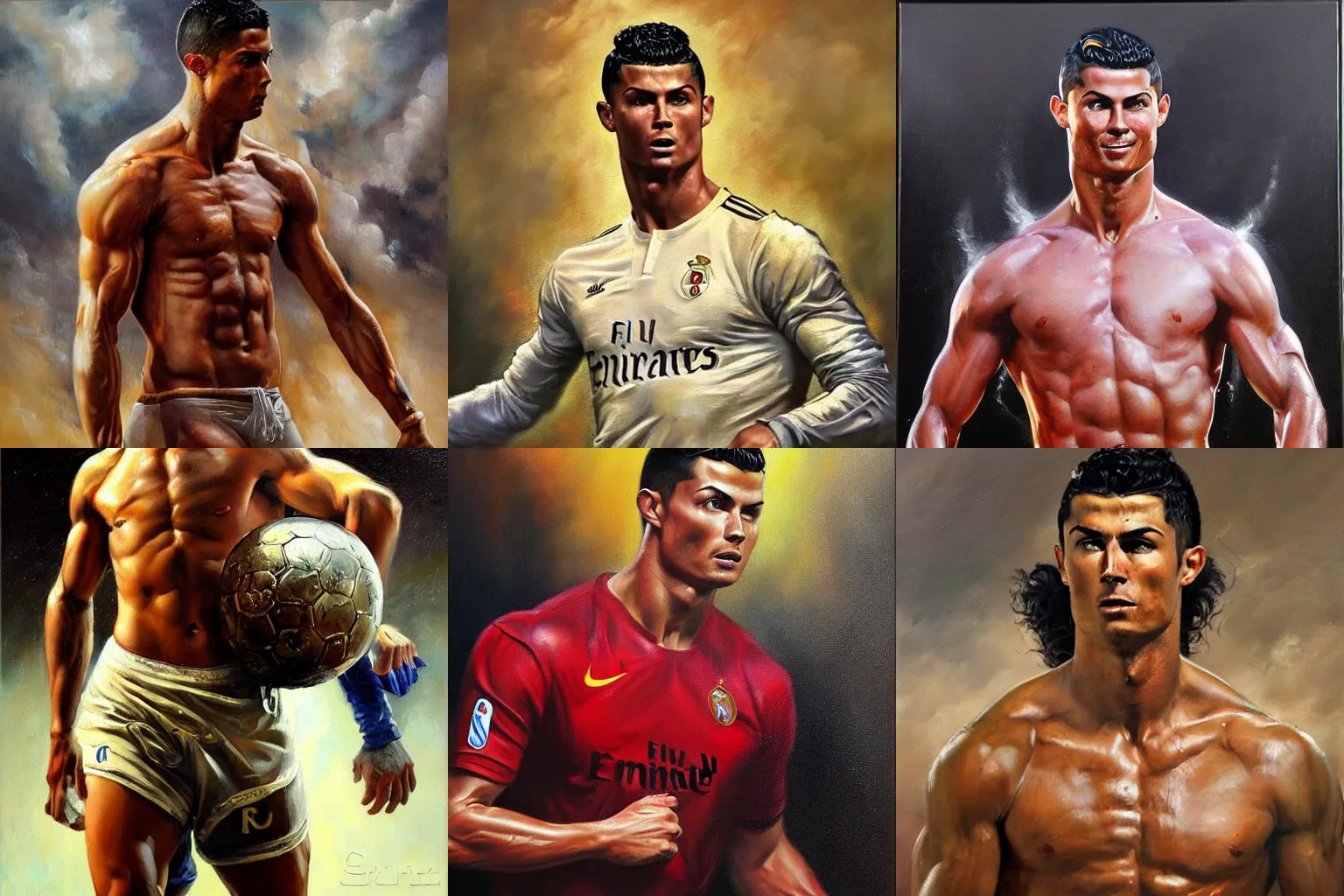 Prompt: Beautiful oil painting depicting Cristiano Ronaldo as Spartak Lucas Graziano, Frank Frazetta, Greg Rutkovsky, Boris Vallejo, epic fantasy portrayal of characters, exquisite details, post-processing, low angle, masterpiece, cinematic