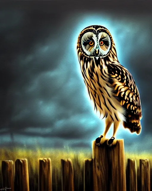 Prompt: an extremely detailed masterpiece painting of a short - eared owl on a wooden fence post, in the style of brian froud, brian despain, brian bolland, digital art, unreal engine, volumetric lighting, dark moody lighting, trending on artstation, photorealistic, epic scene