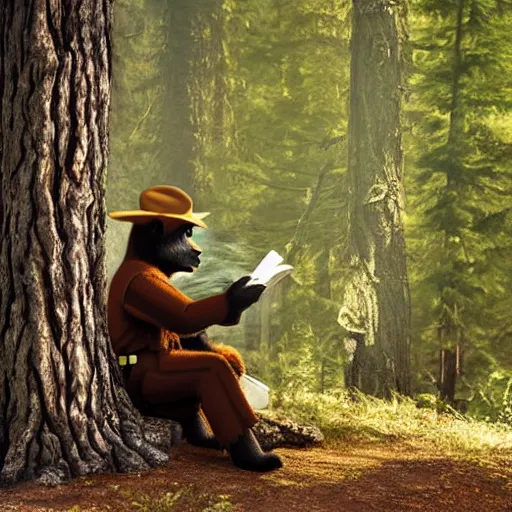 Prompt: UHD candid photo of Smokey The Bear in the woods, sitting over a well reading newspaper, by Annie leibowitz, photorealisitc, extremely detailed