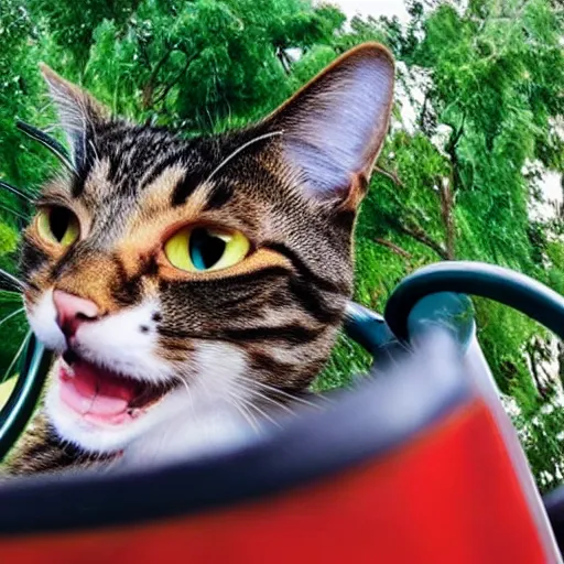 Prompt: selfie of an excited cat riding a roller - coaster