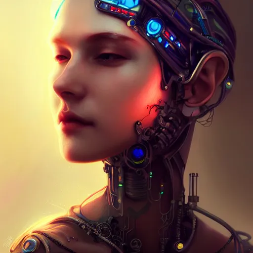 Prompt: cyberpunk robotic elvish queen, diadem on the head, extremely detailed, hyperrealistic, intricate, soft light, fantasy, digital painting, art station, perfect faces, fine details, by wlop