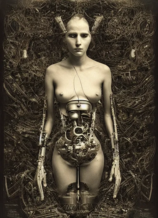 Prompt: old wetplate daguerreotype birth of a futuristic cyborg in times of eternal summoning, fractal, intricate, elegant, highly detailed, parallax, leica, medium format, subsurface scattering, by jheronimus bosch and greg rutkowski and louis jacques mande daguerre