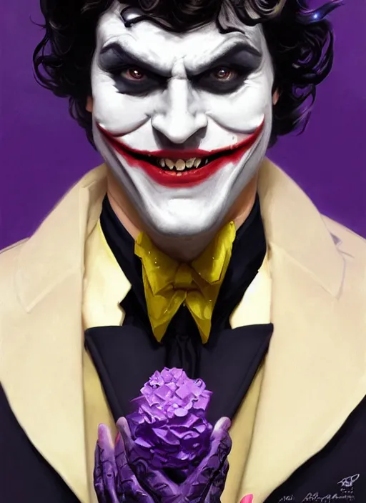 Image similar to portrait of opulent Joker, laughing pose, sigma male, gigachad, medium black hair, batman crown, purple luxurious suit, fantasy, elegant, realistic, highly detailed, digital painting, artstation, concept art, smooth, sharp focus, illustration, art by artgerm and greg rutkowski and alphonse mucha