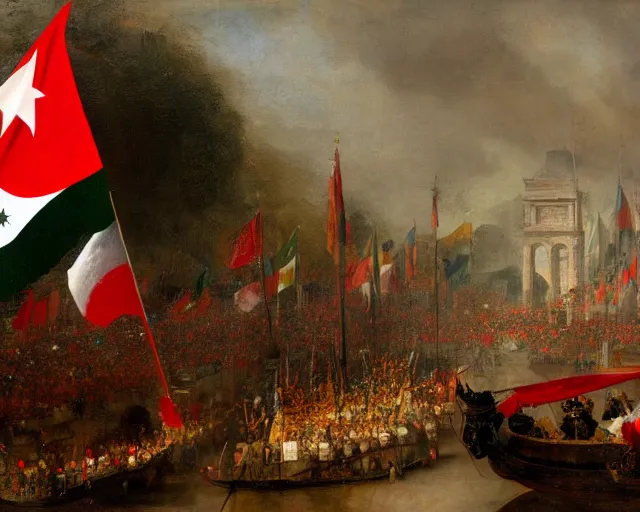 Prompt: Oil painting of Independence Day Celebration in Indonesia with Indonesian Flag in the background, rembrandt, high detail painting