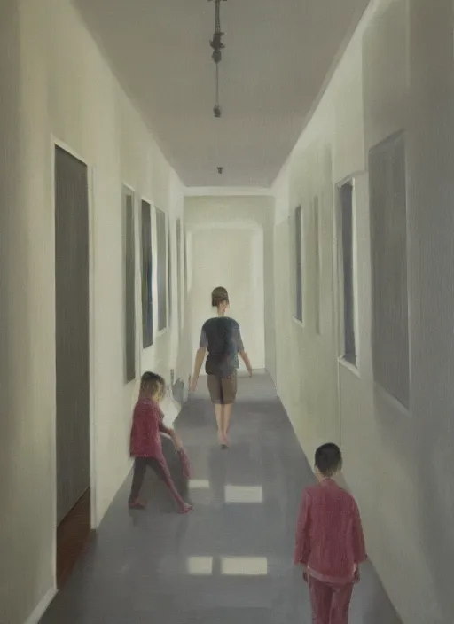 Image similar to an empty hallway, full of house plants and people, oil on canvas