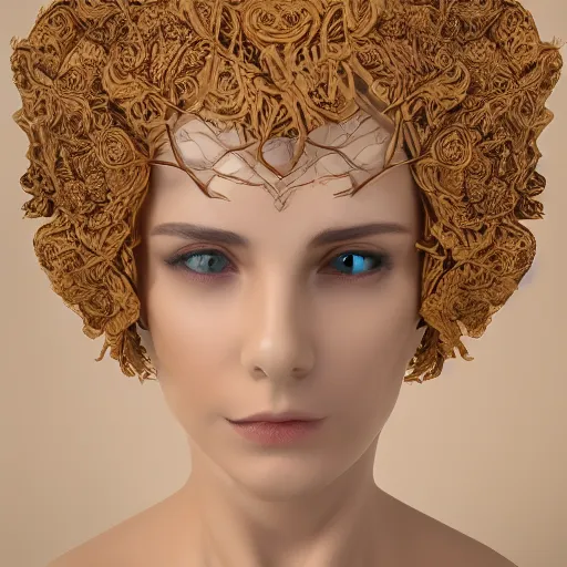 Image similar to beatifull face portrait of a woman, 150 mm, anatomical, flesh, flowers, mandelbrot fractal, facial muscles, veins, arteries, intricate, golden ratio, full frame, microscopic, elegant, highly detailed, ornate, ornament, sculpture, elegant , luxury, beautifully lit, ray trace, unreal, 3d, PBR, in the style of peter Gric , alex grey and Romero Ressendi