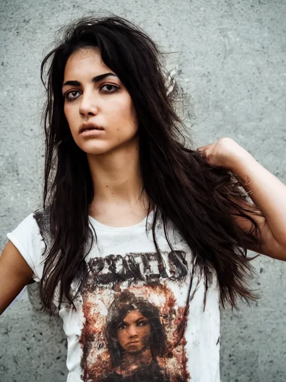 Prompt: hyperdetailed photo of a beautiful italian girl, brown eyes, dark hair, skin, winds of winter, with ripped grunge crop t - shirt fine face, pretty face