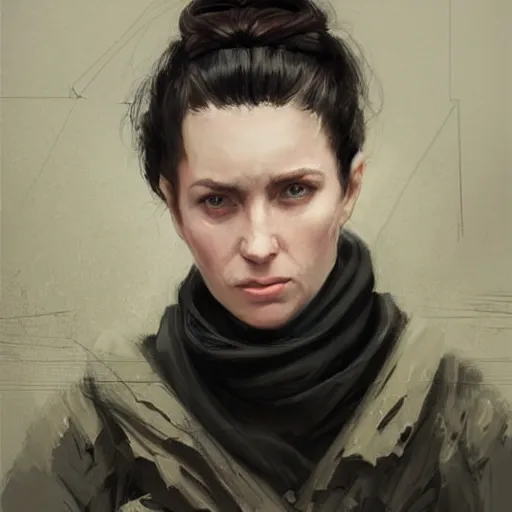 Image similar to Portrait of a woman by Greg Rutkowski, she is about 20 years old, round face, mixture between german and russian, black bob hair, attractive, determined but resentful look, she is wearing futuristic military fatigues with a black scarf, highly detailed portrait, scifi, digital painting, artstation, concept art, smooth, sharp foccus ilustration, Artstation HQ.