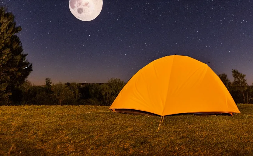 Image similar to night timelapse photography of a tent with a tree with the moon in the sky