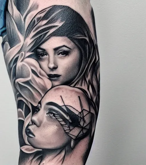 Image similar to tattoo design sketch of a beautiful woman face with a faded background of beautiful mountains and nature on her side, hyper - realistic, in the style of den yakovlev, amazing detail, black and white