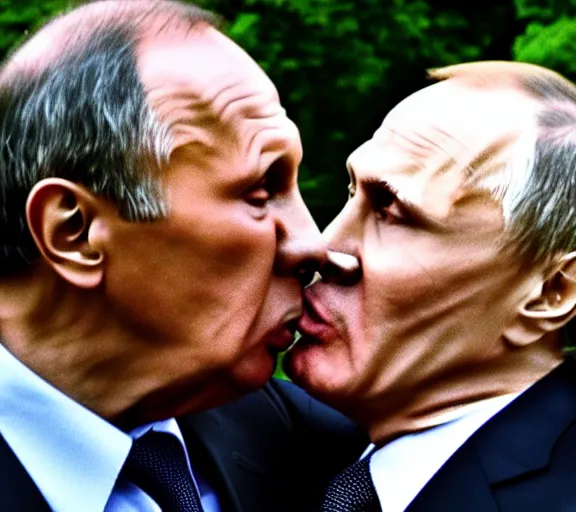 Image similar to a photo of vladimir putin kisses sergey lavrov, animals mating, lovely kiss, kiss mouth to mouth, romantic, emotional, love scene, insane details, clear face, clear eyes, textured, 8 k, professional photography, animal world, discovery channel, dslr, focus, zeiss lense, 5 0 mpx