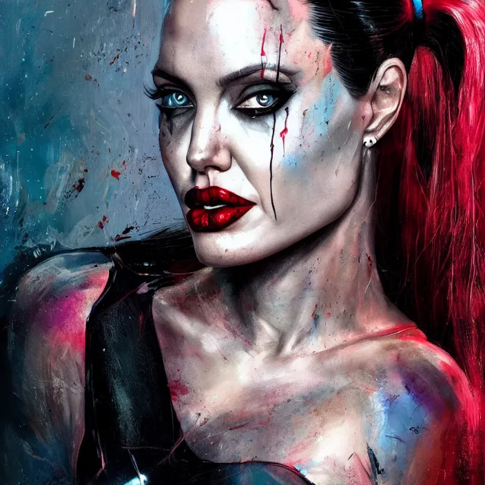 Image similar to portrait of Angelina Jolie as a harley quinn. intricate abstract. intricate artwork. by Tooth Wu, wlop, beeple, dan mumford. octane render, trending on artstation, greg rutkowski very coherent symmetrical artwork. cinematic, hyper realism, high detail, octane render, 8k, iridescent accents