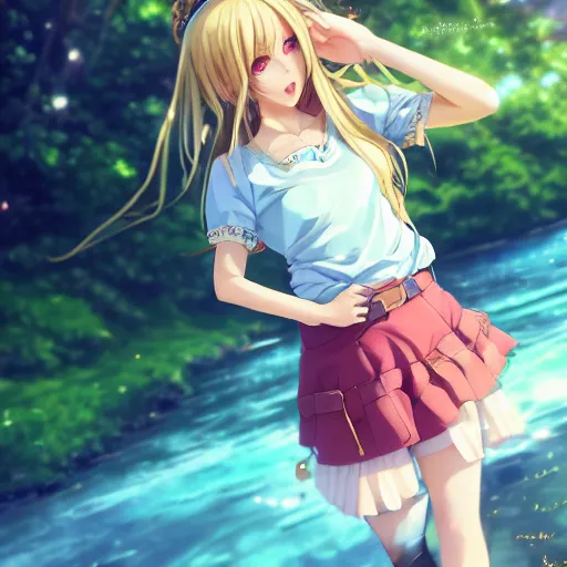 Image similar to a very beautiful anime girl, full body, long golden hair, sky blue eyes, full round face, short smile, short mini jeans skirt, cute top, summer lake setting, cinematic lighting, medium shot, mid-shot, highly detailed, trending on Artstation, Unreal Engine 4k, cinematic wallpaper by Stanley Artgerm Lau, WLOP, Rossdraws, James Jean, Andrei Riabovitchev, Marc Simonetti, and Sakimichan