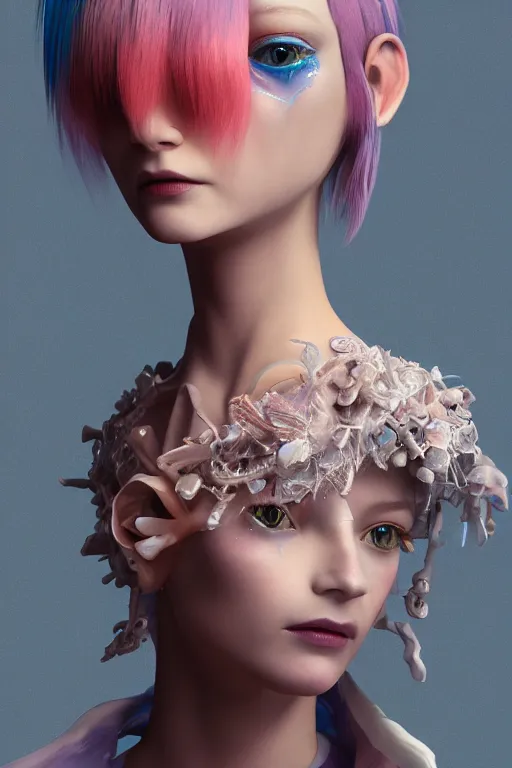 Image similar to an epic non - binary model, subject made of white melting porcelain, mesh headdress, with cerulean and pastel pink bubbles bursting out, delicate, beautiful, intricate, melting into eevee, houdini sidefx, by jeremy mann and ilya kuvshinov, jamie hewlett and ayami kojima, trending on artstation, bold 3 d