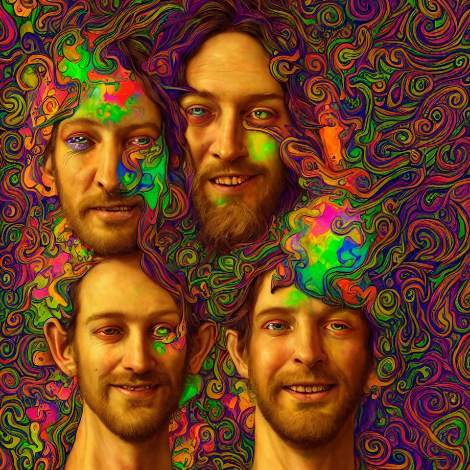 Prompt: happy psychedelic portrait of stoner tripping on lsd and becoming mushrooms, smiling franticly, diffuse lighting, fantasy, intricate, elegant, highly detailed, lifelike, photorealistic, digital painting, artstation, concept art, smooth, sharp focus, art by john collier and albert aublet and krenz cushart and artem demura and francis bacon