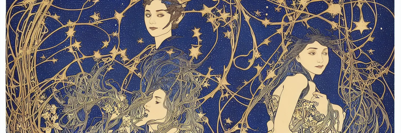Prompt: the longest night, cloaked dark winter night, awardwinning art by sana takeda and alphonse mucha and michael garfield, astronomical star constellations and watch gears, traditional moon and candle and tattoo, maiden and fool and crone, ultramarine blue and gold, intricate stained glass