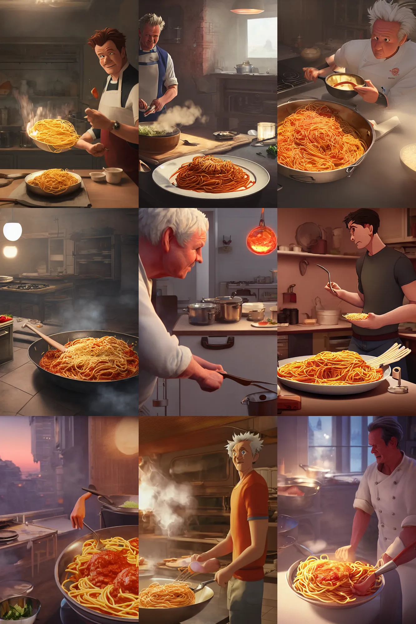 Prompt: a wholesome gordon Ramsey cooking spaghetti, studio Ghibli, Pixar and Disney animation, sharp, Rendered in Redshift and Unreal Engine 5 by Greg Rutkowski, Bloom, dramatic lighting, sunrise