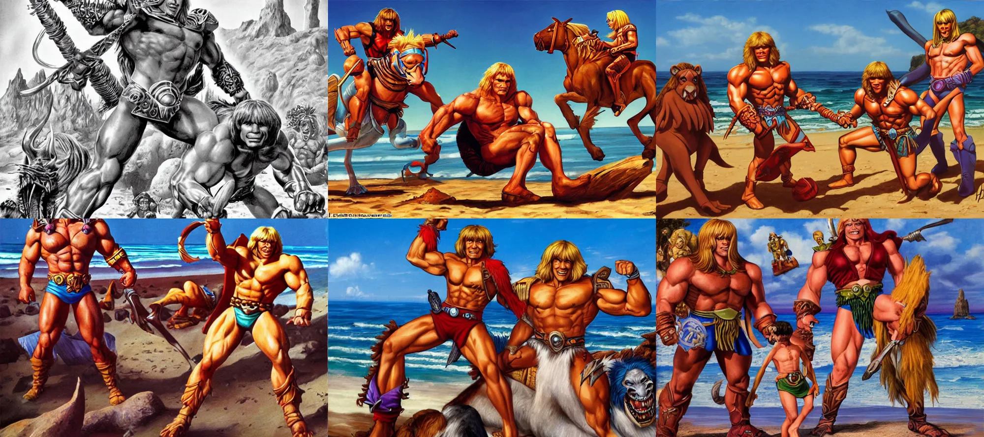 Prompt: Heman with alf chiling in the beach of Mar del Plata by Alex Horley , ortographic