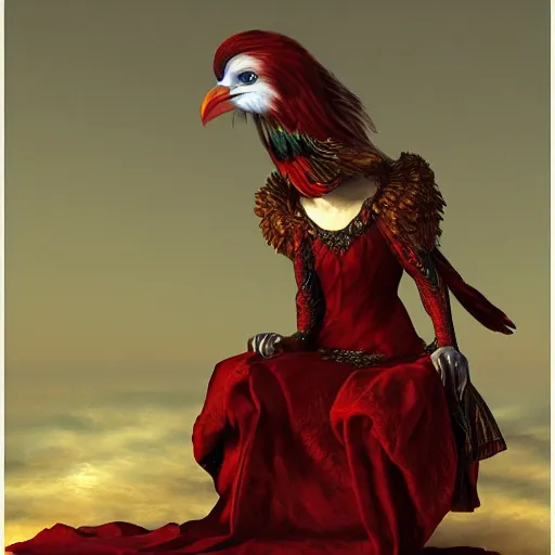 Image similar to Regal fiery bird, sitting on a throne with a crown on her head, Pre-Raphaelite, matte painting, trending on artstation