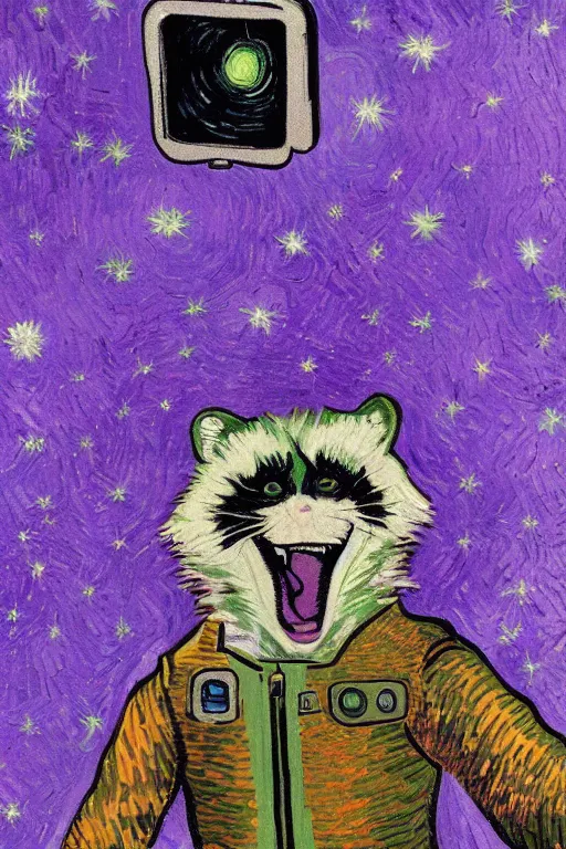 Image similar to selfie laughing purple space racoon by van Gogh style